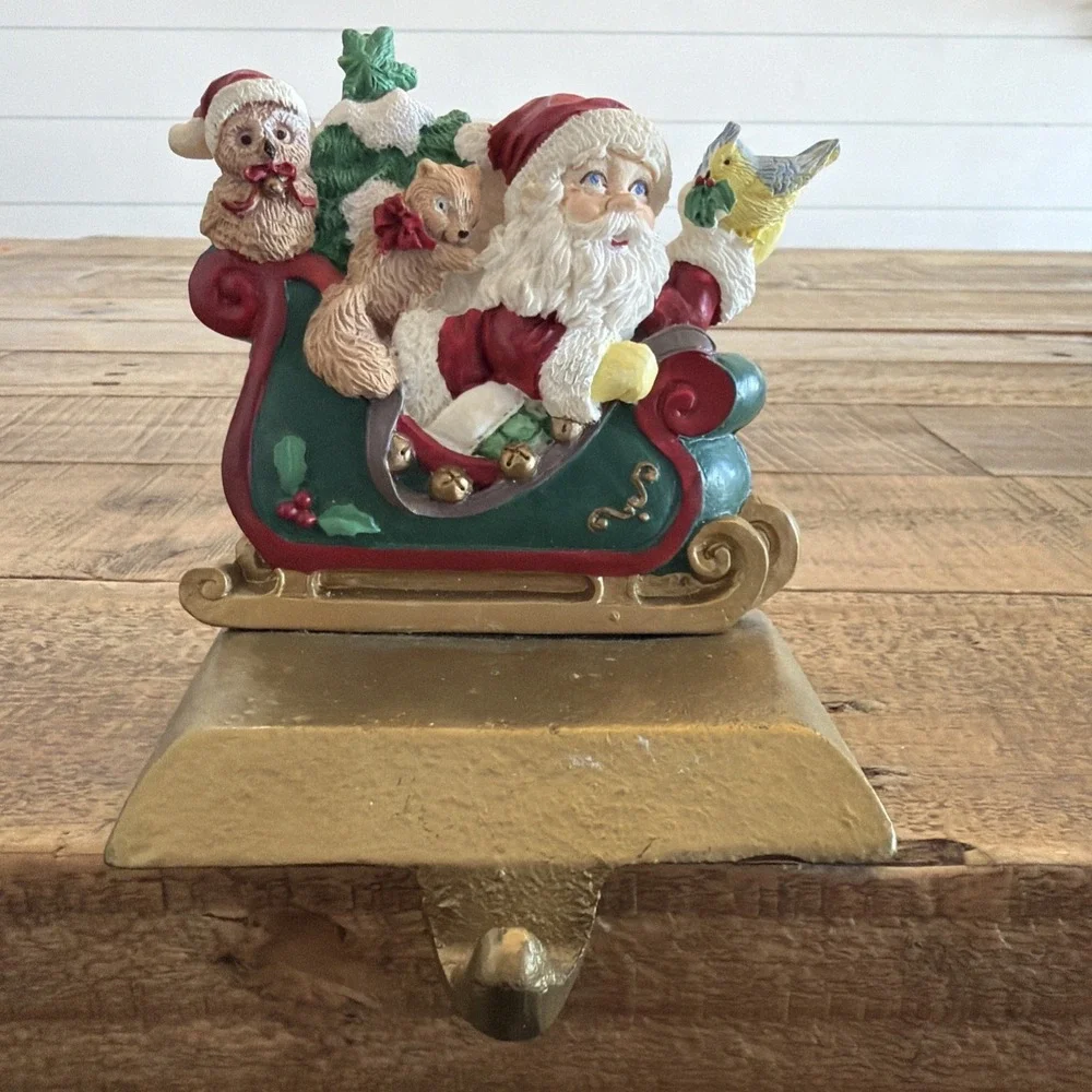 Cast Iron Base Santa On Sleigh With Birds Christmas Stocking Holder Vintage